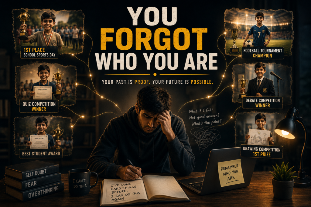 Motivational featured image showing a stressed young man remembering his childhood victories in sports, academics, and competitions, with the heading “YOU FORGOT WHO YOU ARE,” symbolizing self doubt motivation, mental strength, and rediscovering confidence through past success.