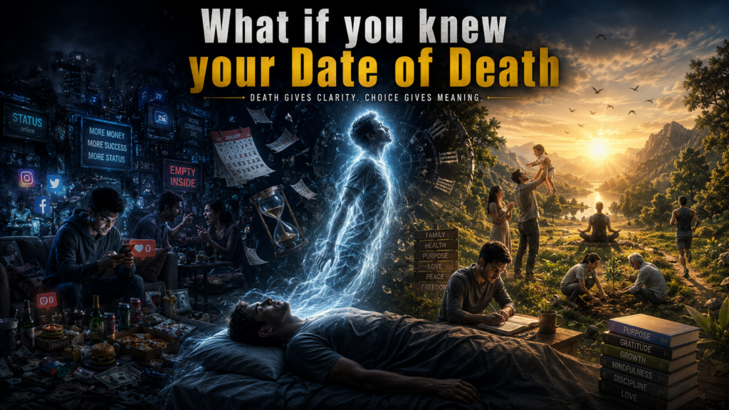 Cinematic artwork showing a man’s soul leaving his body while two contrasting lives appear beside him — one filled with distraction and emptiness, the other with purpose, peace, and meaningful living through awareness of death.